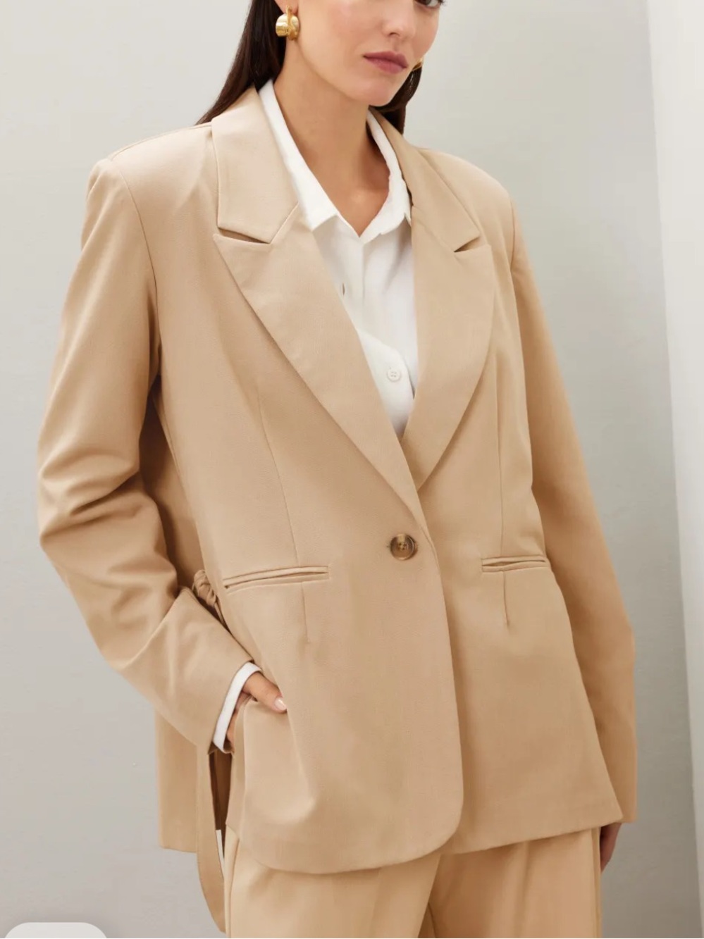 Great Jones Womens Camel Single Button side ties Blazer Jacket contemporary chic